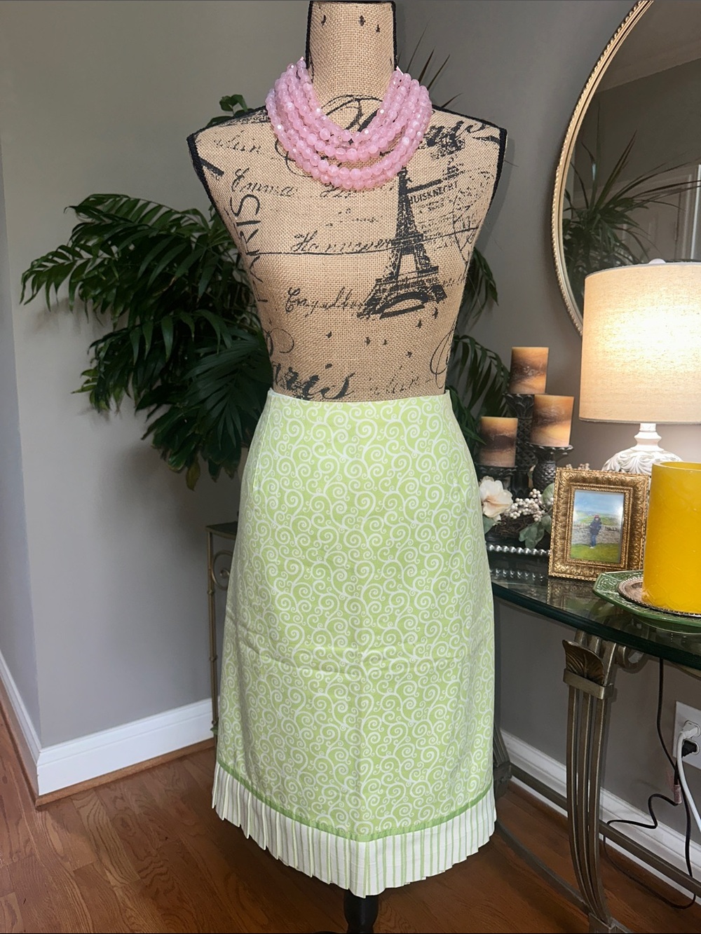 Judith Auburn Vero Beach Light Green Swirl Midi Skirt with Pleated Trim size L